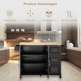 Kitchen Island & Kitchen Cart, Mobile Kitchen Island, Rubber Wood Top, Big & Adjustable Shelf Inside Cabinet for Different Utensils