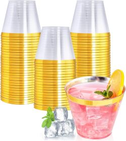 60PCS Gold Plastic Cups, 9 oz Clear Disposable Cups with Golden Trim