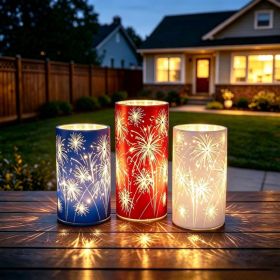Firework Lanterns Set Of 3, Glass LED Candle Lanterns With Warm Glow, Red White And Blue Table Centerpiece Decorations (Option: Multicolor)