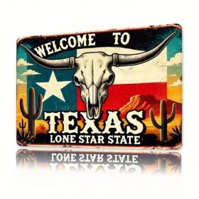 CIFbuy Vintage Texas Welcome Sign 8x12 Inch Aluminum Wall Decor, Rustic Bull Skull & Cactus 2D Flat Metal Plaque For Home Office Bedroo TikTok, T (Option: Defaulttitle)