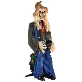 4.5ft Halloween Sitting Scarecrow Decoration With Red Light-Up Eyes,Sound-Activated Head Movement & Male Voice,Detachable Bucket,Battery Operated (Option: default)
