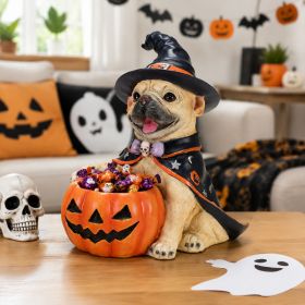 Halloween Frenchie Witch Puppy Figurine, Cute Dog Holding Pumpkin Candy Bowl Decoration (Option: Beige,Orange-Red)