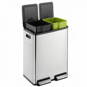 Trash Can with Lid - Large 60 Liter Stainless Steel Trash Can, Dual Compartment Plastic Inner Bucket (2 x 8 Gallon), Sealed Trash Can (Option: Silver)