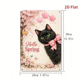 CIFbuy Hello Spring Cherry Blossom Black Cat Metal Plaque, Vintage 2D Flat Print Wall Art, Waterproof Rust Resistant Sign For Home Deco TikTok, T (Option: Defaulttitle)