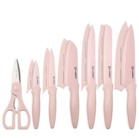 Kitchen Knife Set With Guards, 13 Piece Pink Non-Stick Boxed Knives Set, Anti-Rust And Dishwasher Safe, 6 Knives With 6 Blade Covers And Kitchen (Option: Pink)